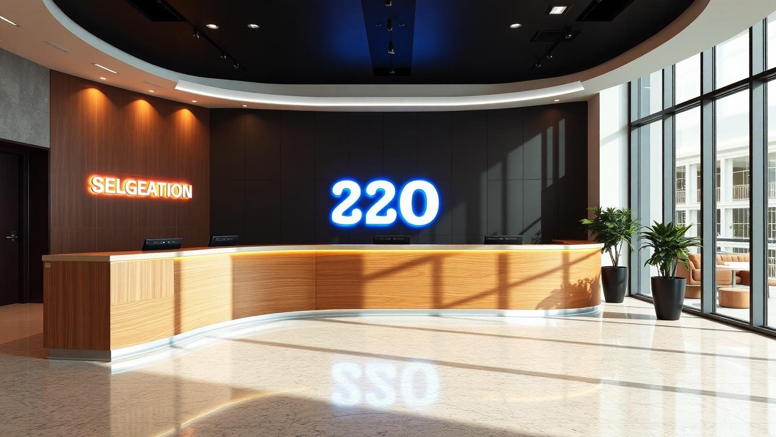 Recepção corporativa com sinalética 3D retroiluminada