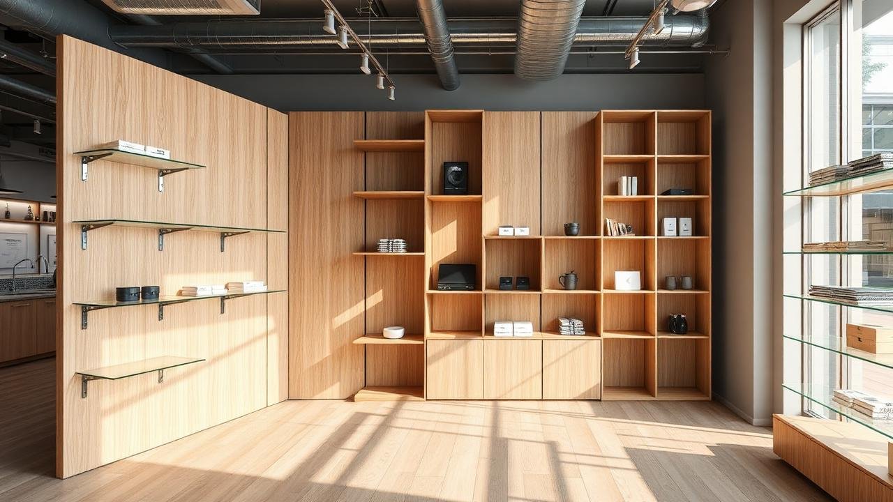 Prateleiras lineares e modulares (madeira, MDF, metal, vidro) — FACIM Moçambique